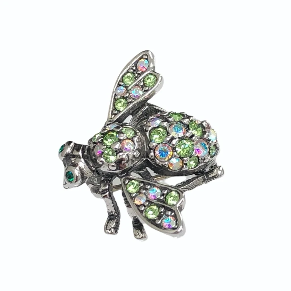 JOAN RIVERS CLEAR AURORA BOREALIS & GREEN CRYSTALS SILVER TONE BUMBLEBEE BROOCH